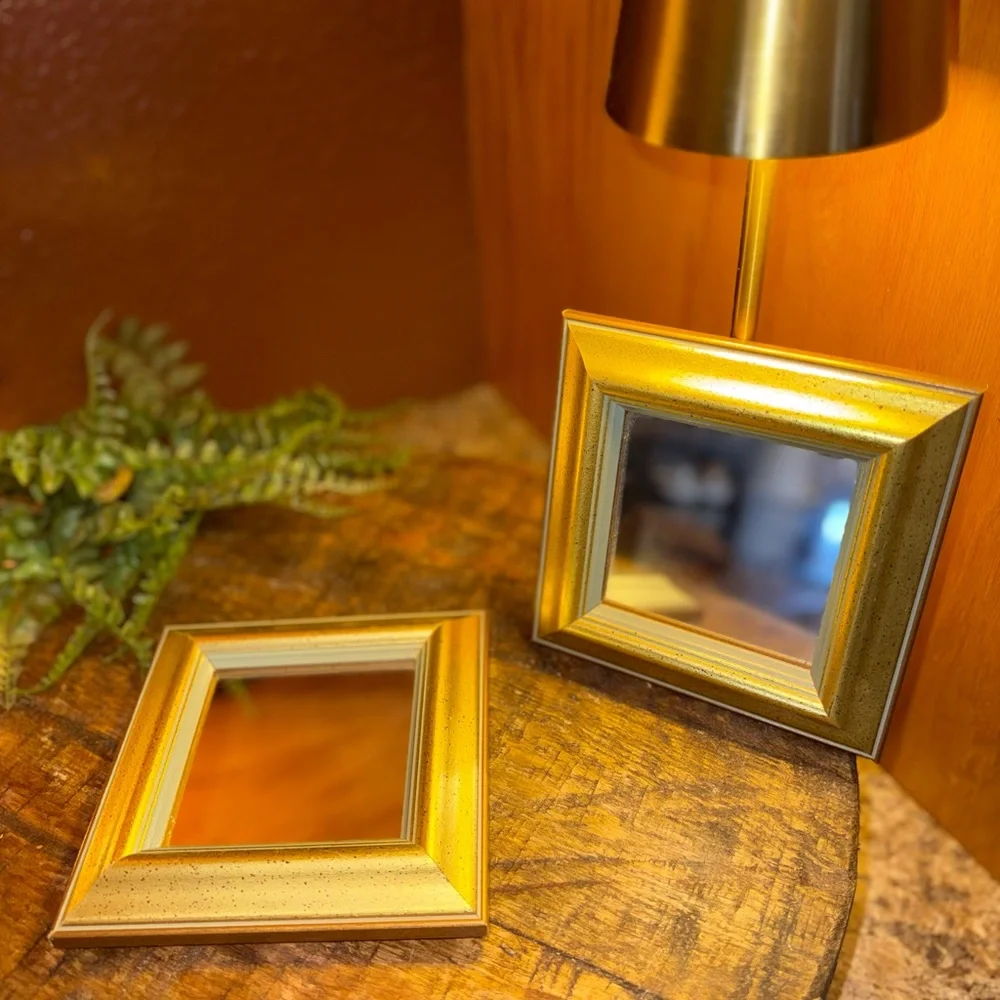 PAIR OF VINTAGE GOLD SQUARE FRAMED ACCENT MIRRORS WOOD 6 INCH WALL MOUNTED